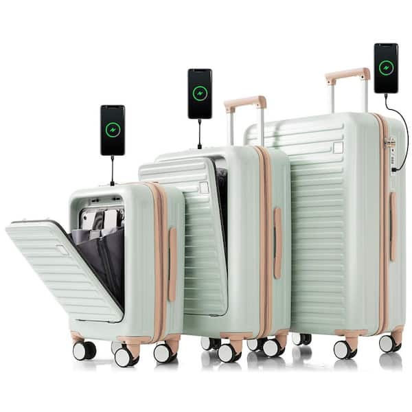3-Piece Gray Green 20 in. 24 in. 28 in. ABS Hardshell Spinner Luggage Set with USB Ports Cup Holder Front Opening Design