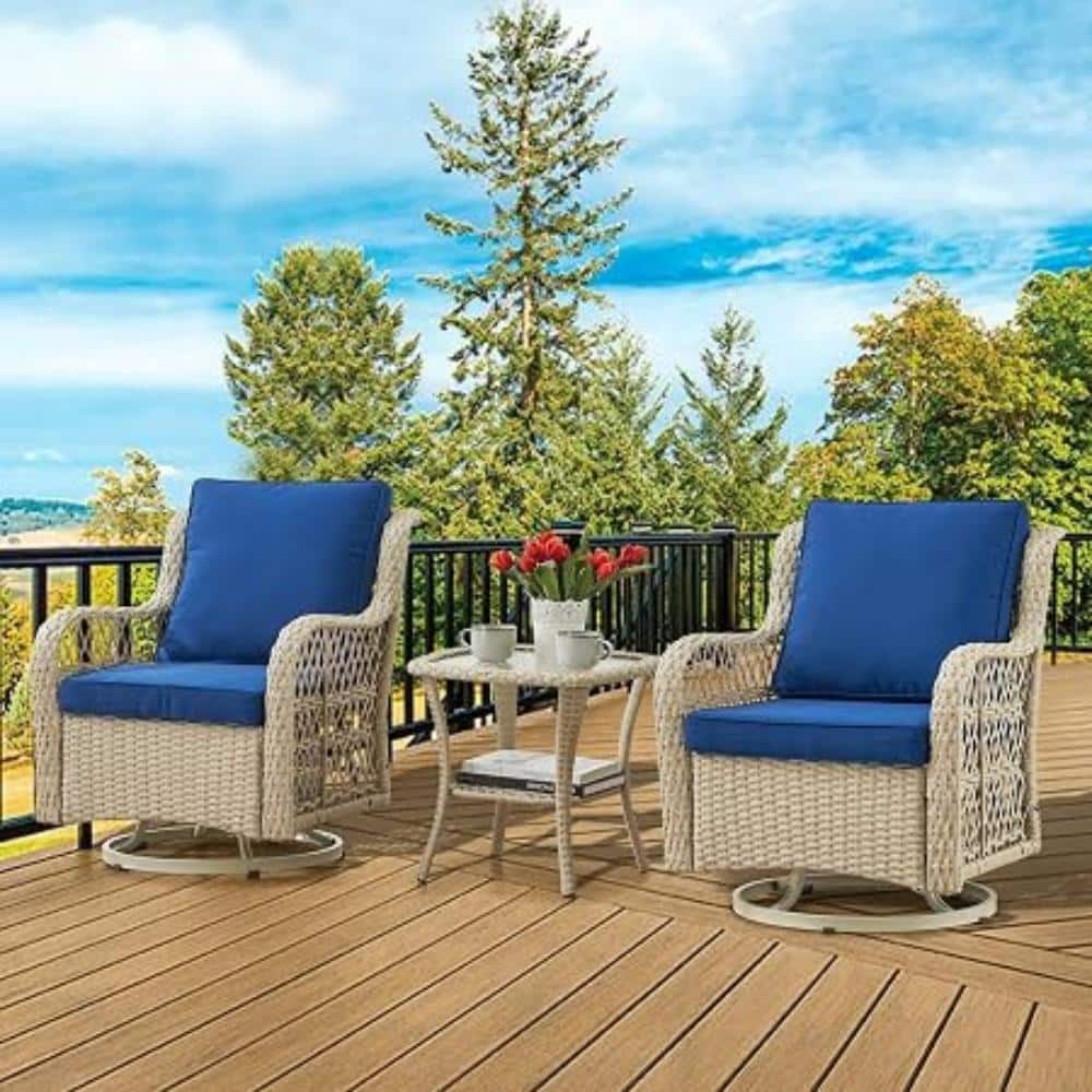 3-Piece Patio Wicker Bistro Set - 360° Swivel Rocker Chairs with Cushions & Glass Side Table, Natural price history on PriceWatchPro
