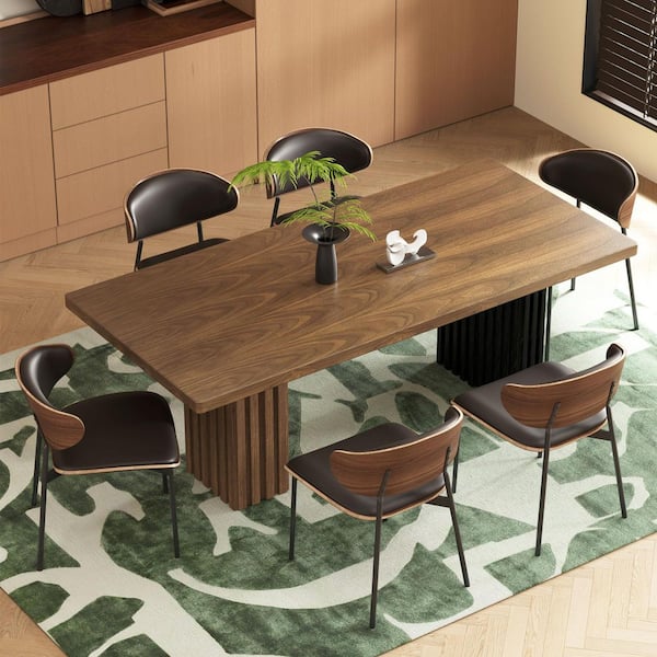 Walnut Color Wood 70.8 in. Double Pedestal Dining Table Seats 6
