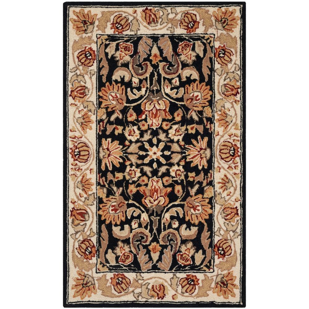 Black and Ivory Floral Hand-Hooked Rectangular Area Rug