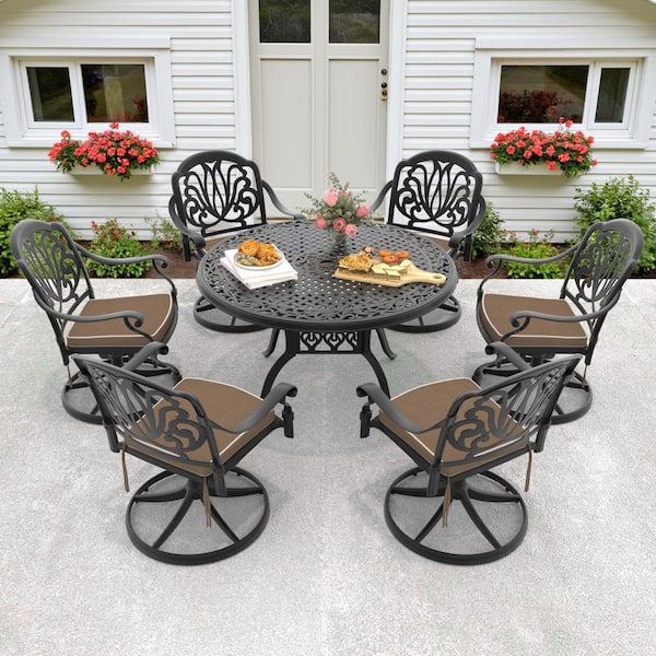 Elizabeth 7-Piece Cast Aluminum Patio Outdoor Dining Set with Round Dining Table, 6 Swivel Chairs and 6 Brown Cushions