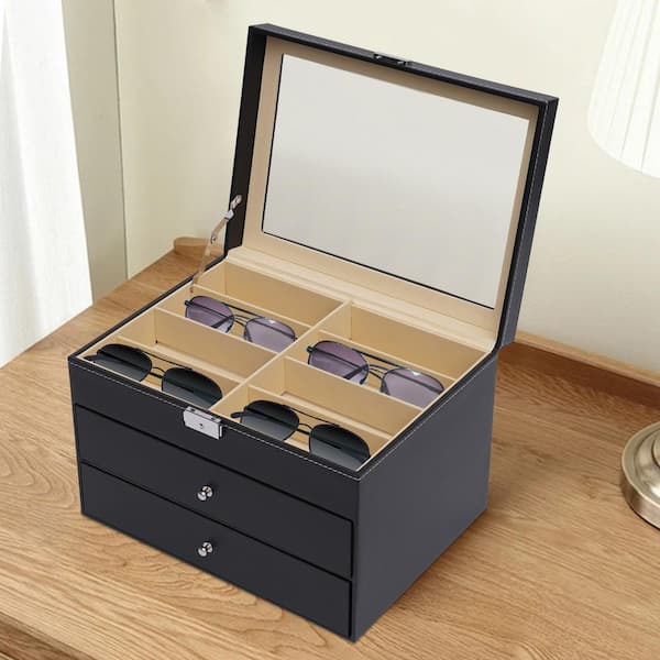 YIYIBYUS Black Carbon Fiber Leather 6 Watch and 3 Eyeglasses Storage Box  Jewelry Organizer Display Case 65LMO30K00-1 - The Home Depot