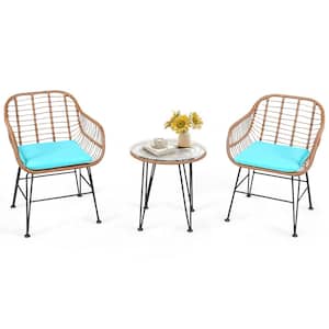 3PCS Wicker Patio Furniture Set with Round Tempered Glass Top Table & 2 Rattan Armchairs Turquoise Cushions