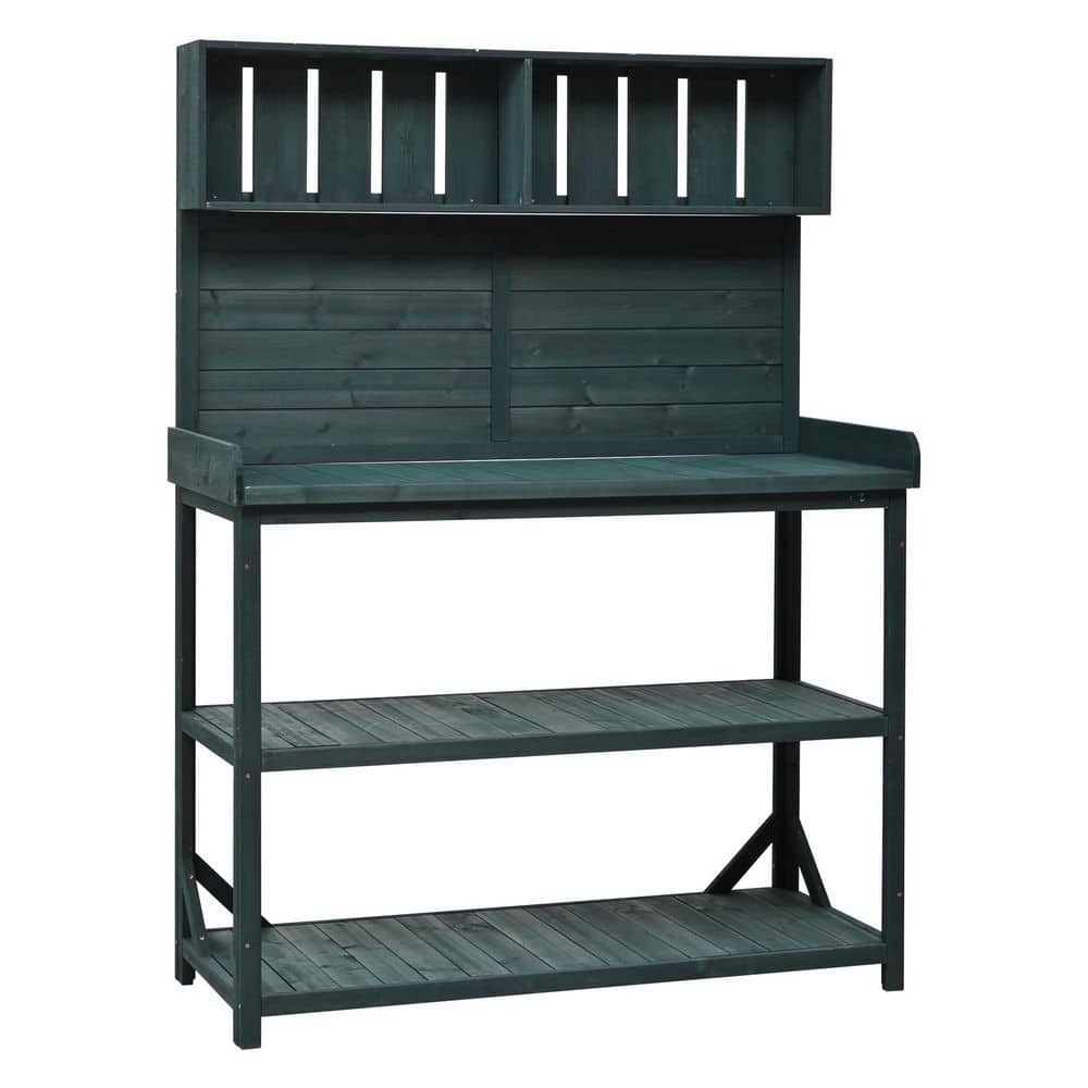 Forest Green Fir Wood Patio Workstation with 4 Storage Shelves and Side Hoo