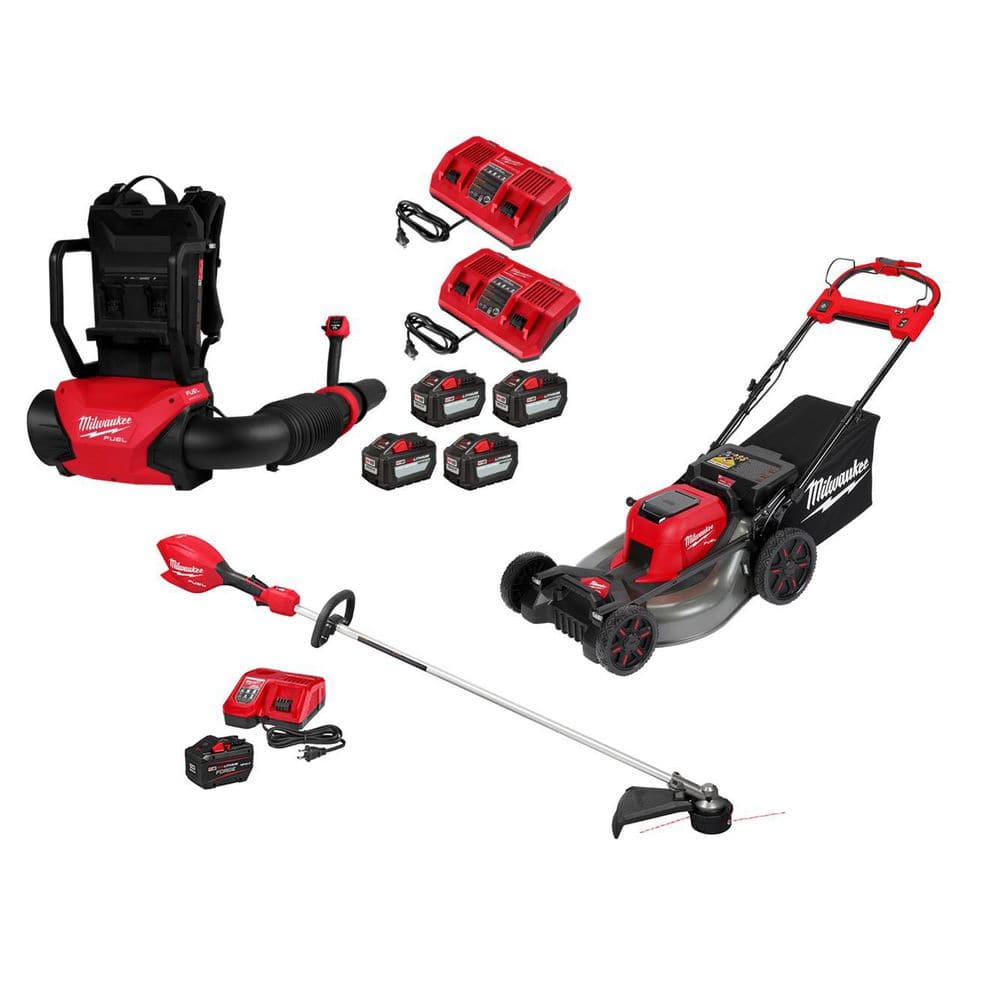MILWAUKEE M18 FUEL 155 MPH 650 CFM 18V Brushless Cordless Dual Battery Backpack Blower Kit w/ M18 SP Mower, M18 String Trimmer (3009-24HD-2823)