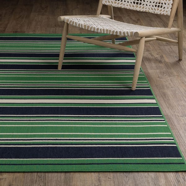 Hibiscus Green/Navy 10 ft. x 13 ft. Geometric Stripe Polypropylene Indoor/Outdoor Area Rug