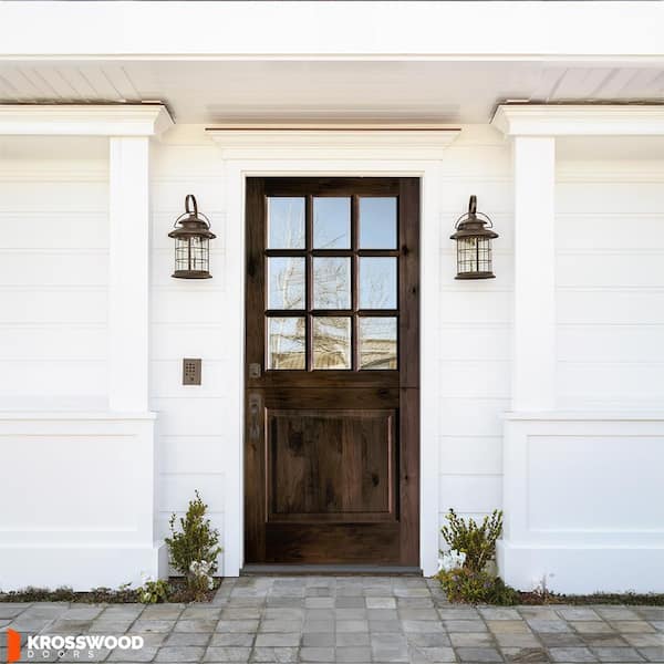 36 in. x 80 in. Farmhouse Knotty Alder Right-Hand/Inswing 9 Lite Clear Glass Black Stain Dutch Wood Prehung Front Door