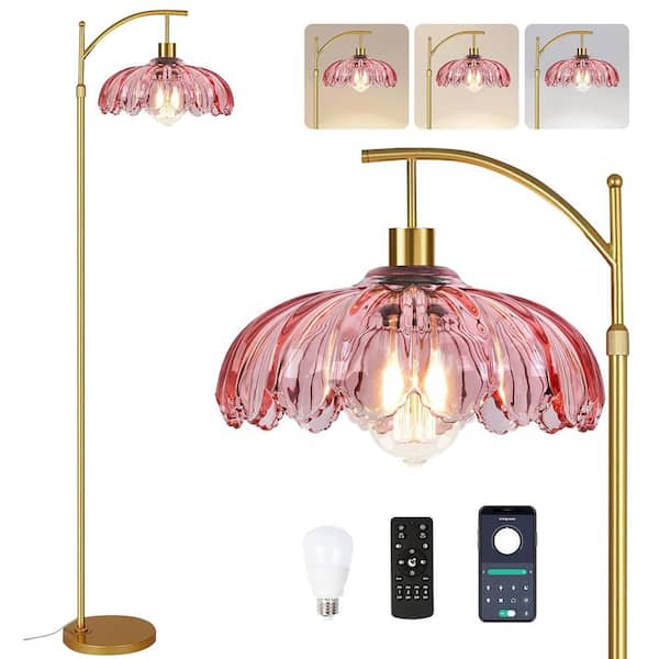69-inch Gold Metal Retro Dimmable Pink Shade Curved LED Floor Lamp