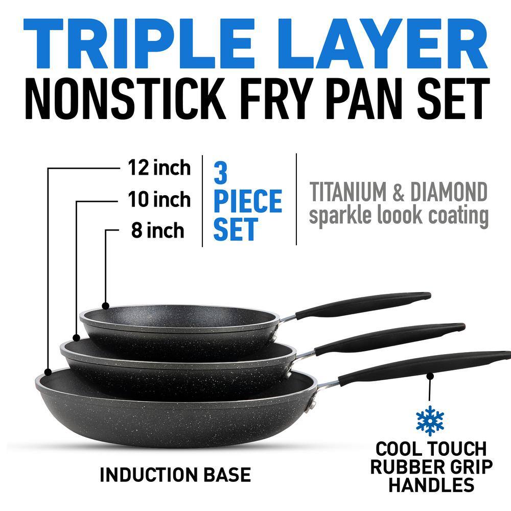 Black Aluminum Nonstick 3-Piece Frying Pan Set with Rubber Handles