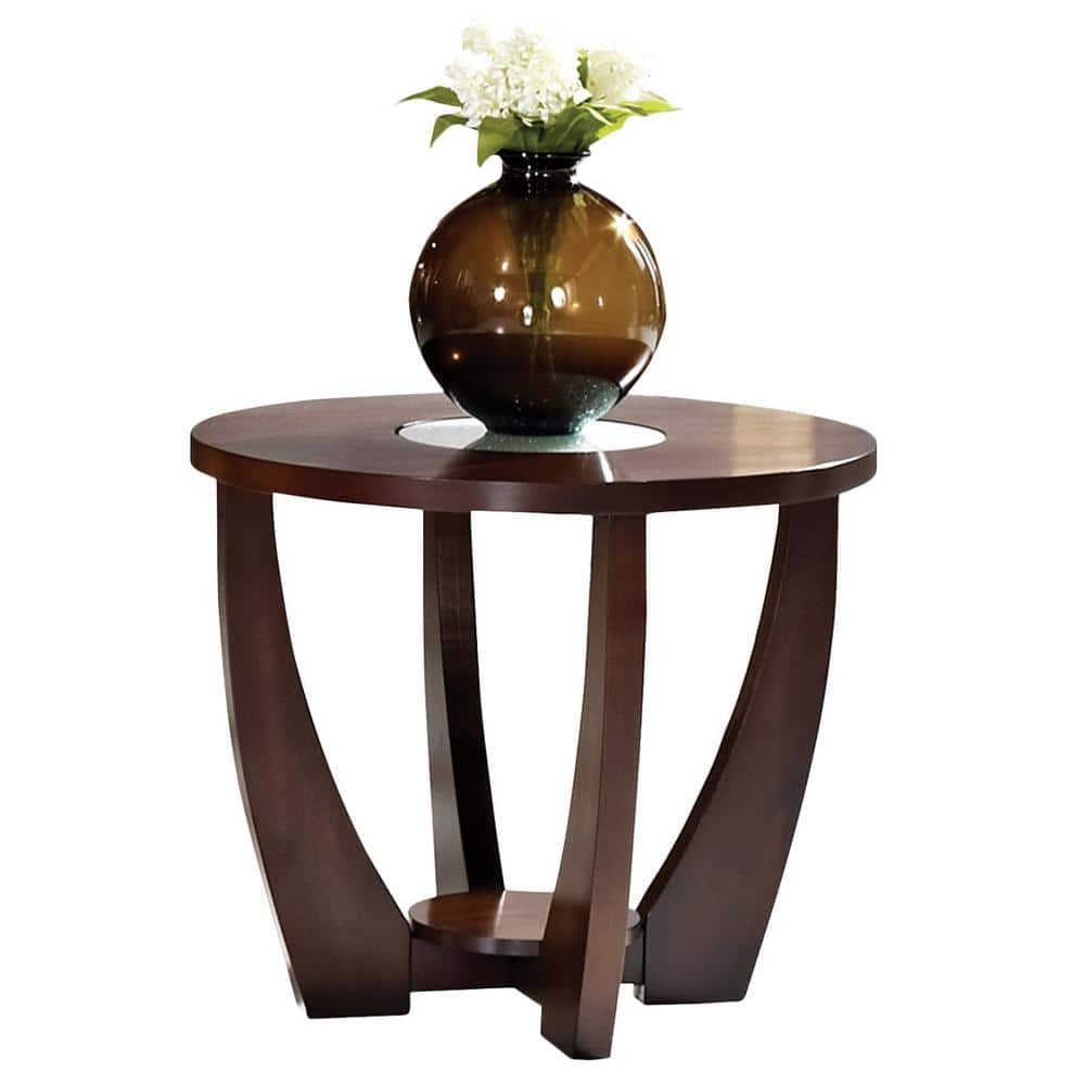 26'' Modern Cherry Wood Round End Table with Glass Inlay