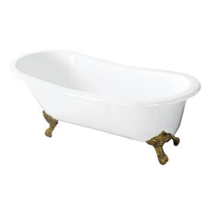 57 in. Cast Iron Slipper Clawfoot Bathtub in White with Feet in Polished Brass