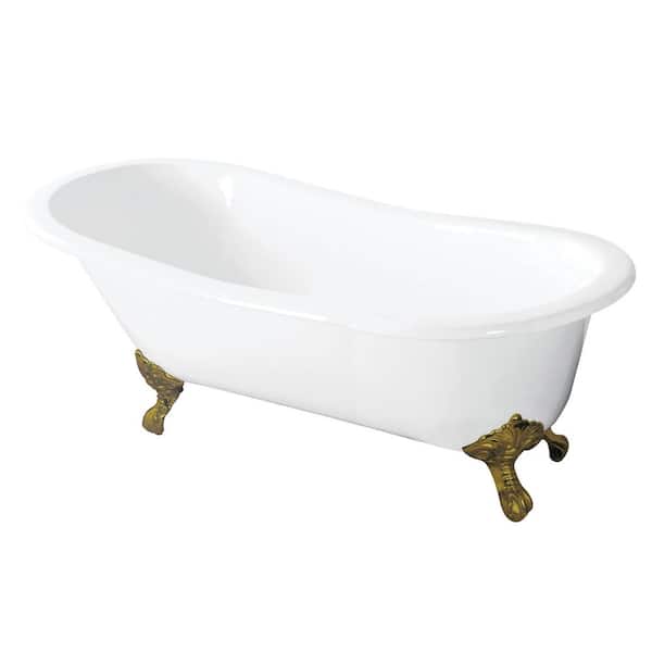 Aqua Eden 57 in. Cast Iron Slipper Clawfoot Bathtub in White with Feet in Polished Brass