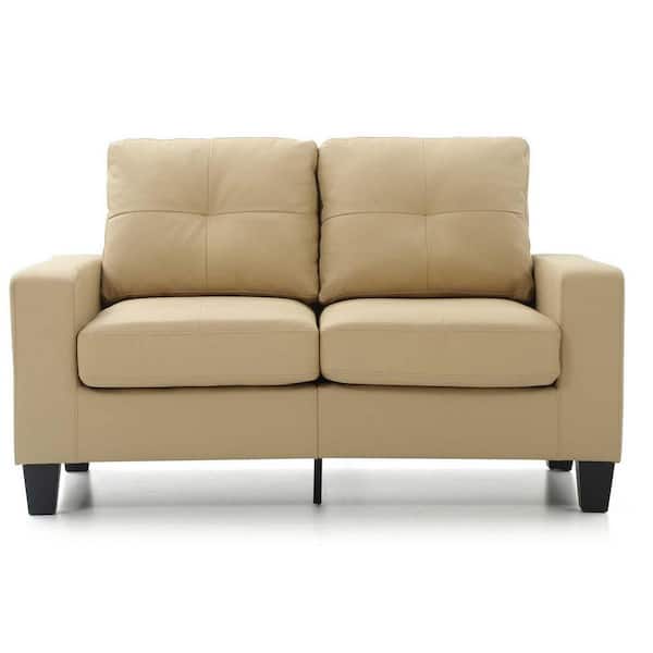 AndMakers Newbury 58 in. W Flared Arm Faux Leather Straight Sofa in Beige