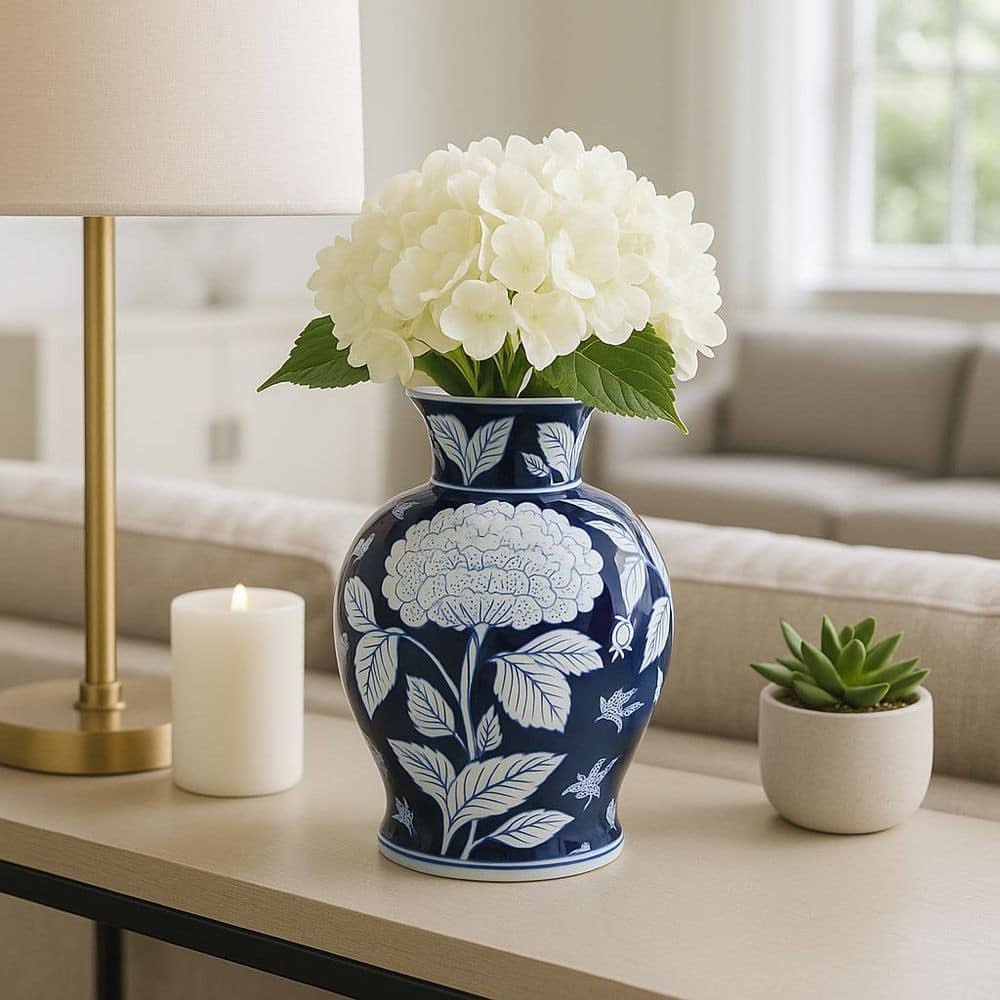 Liv & Skye 9 in. Blue and White Ceramic Chinoiserie Floral Vase 16643