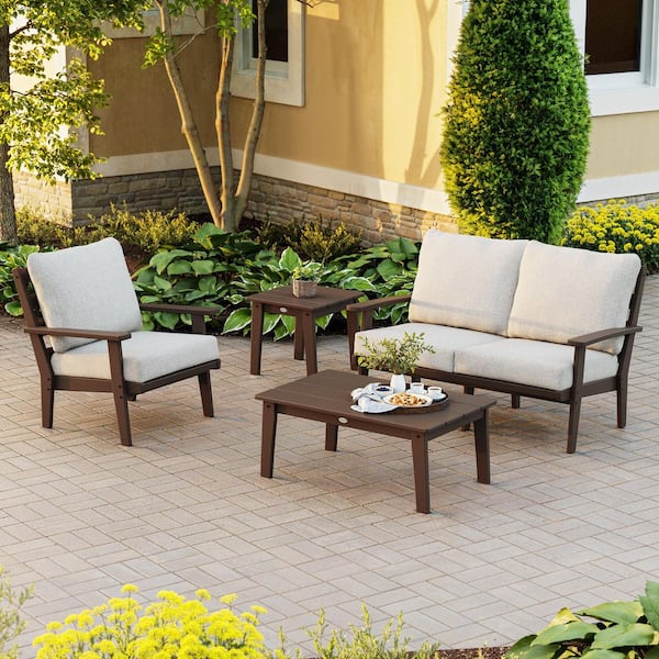 Grant Park Mahogany Plastic Patio 4-Piece Deep Seating Set with Wheat Cushions