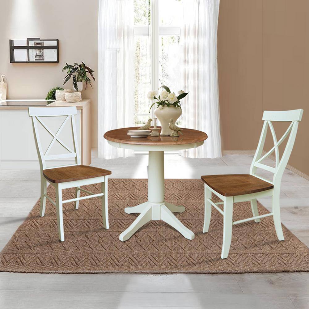 Hickory and Shell Solid Wood Round Pedestal Table Set with High Cross Back Chairs