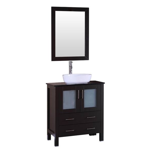 Bosconi 30 in. W Single Bath Vanity with Tempered Glass Vanity Top in Black with White Basin and Mirror