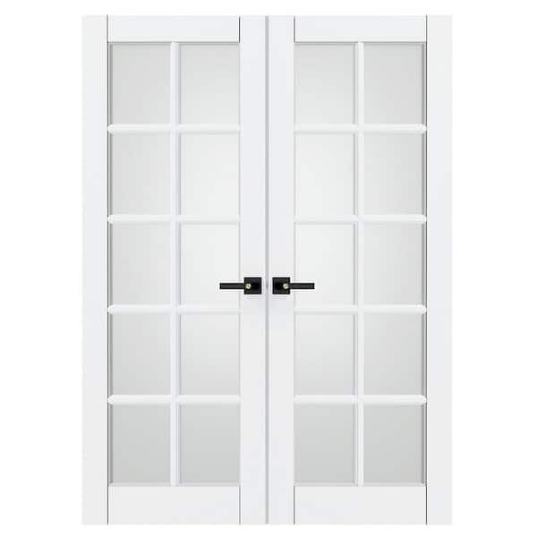 TENONER 64 in. x 80 in. Composite, MDF, 10 Lite, Frosted Glass, Primed, White Interior Door Slab With Black Lever Handle
