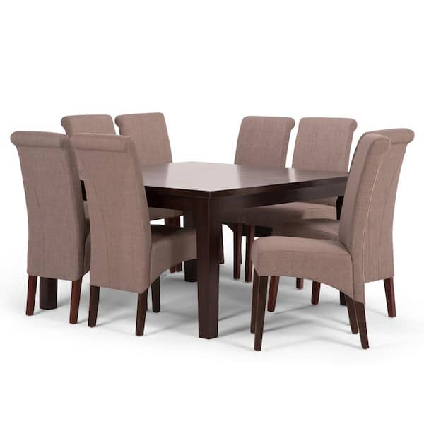 Simpli Home Avalon 9-Piece Dining Set with 6 Upholstered Dining Chairs in Light Mocha Linen Look Fabric and 54 in. Wide Table