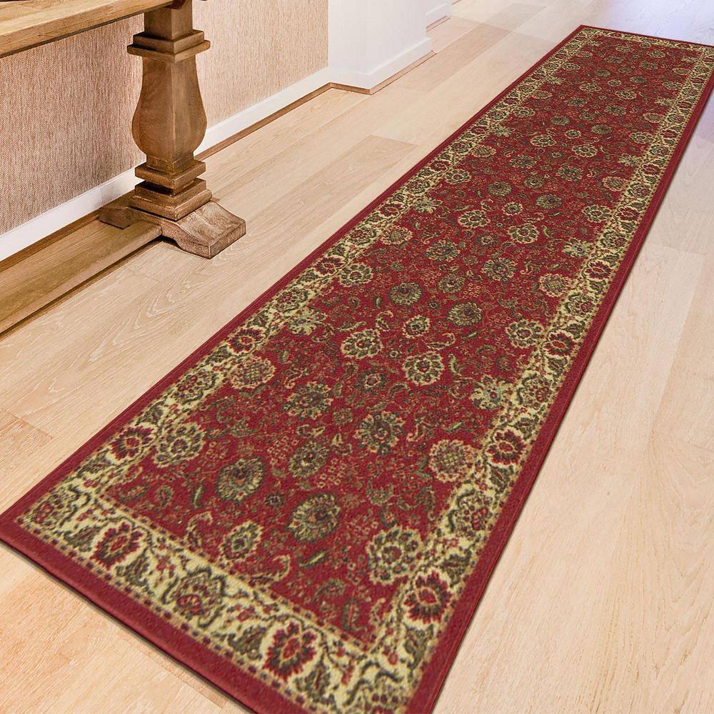 Dark Red Floral Non-Slip Synthetic Runner Rug