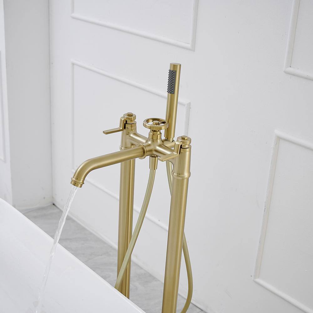Brushed Gold 2-Handle Deck-Mount Roman Tub Faucet with Hand Shower