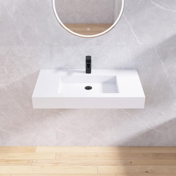 35 in. x 19 in. Solid Surface Wall-Mounted Bathroom Vessel Sink in White with Faucet Hole
