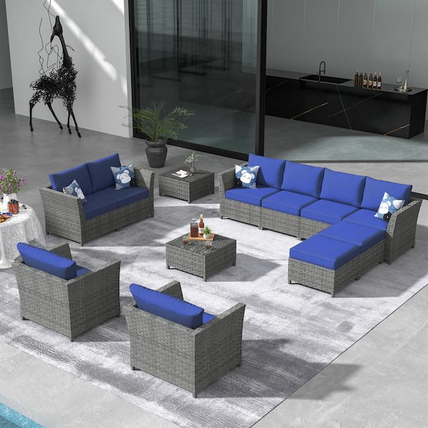 OVIOS Bexley Gray 12-Piece Wicker Patio Conversation Seating Set with Navy Blue Cushions