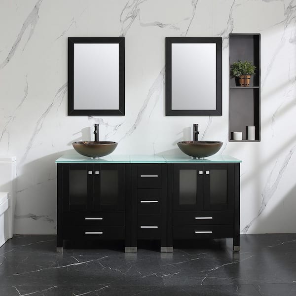 60.61 in. Double Foil Laminated Tempered Glass Black Sinks Freestanding Black Bath Vanity with Green Tempered Glass Top