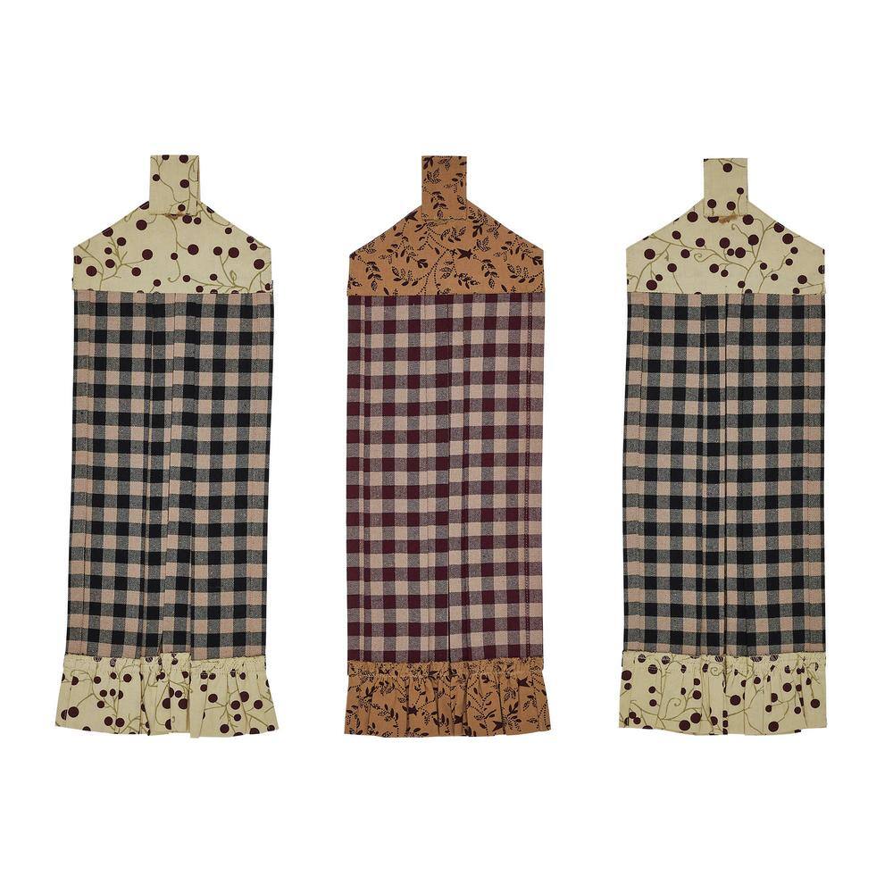 Rustic Checkered Cotton Button Loop Kitchen Towel Set of 3