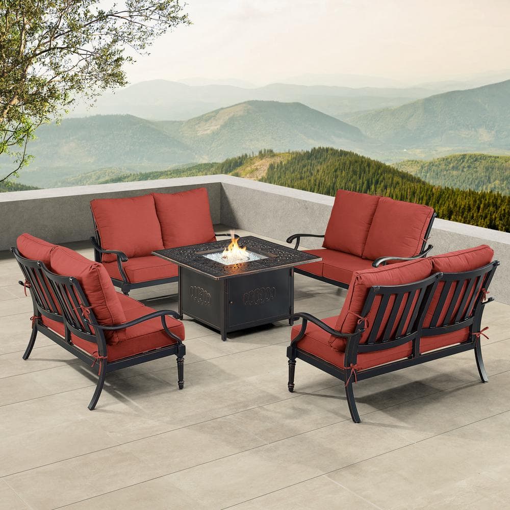 Black 5-Piece Aluminum Patio Fire Table Set with Red Cushions price history on PriceWatchPro
