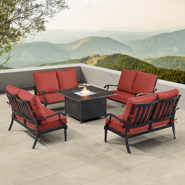Oakland Living Black 5-Piece Aluminum Patio Fire Table Set with Red Cushions