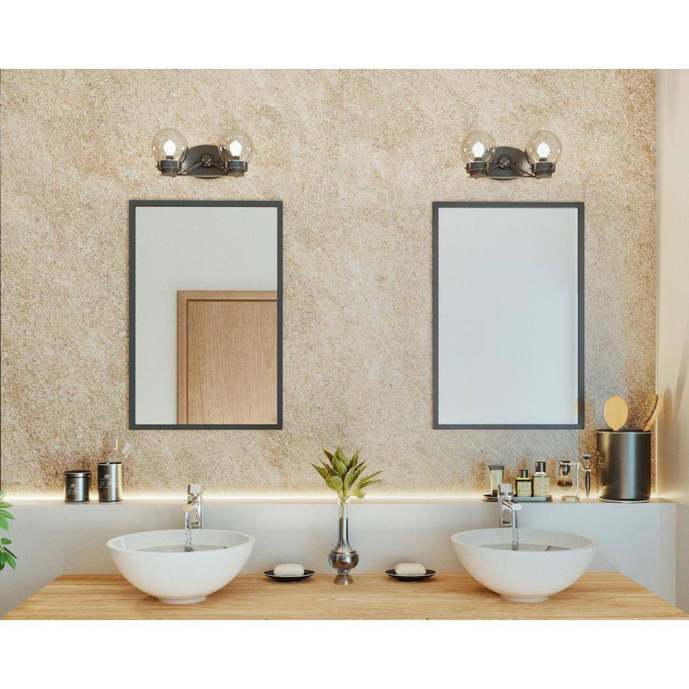 Matte Black 2-Light Bath Vanity Fixture with Clear Globe Shades