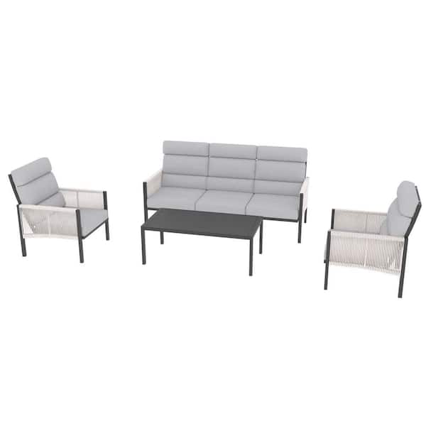 Sudzendf 4-Piece Black Metal Patio Conversation Set with Gray Cushions and Coffee Table