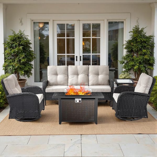 BLack 5-Piece Wicker Outdoor Glider Chair Patio Deep Seating with Rectangular Fire Table and Beige Cushions