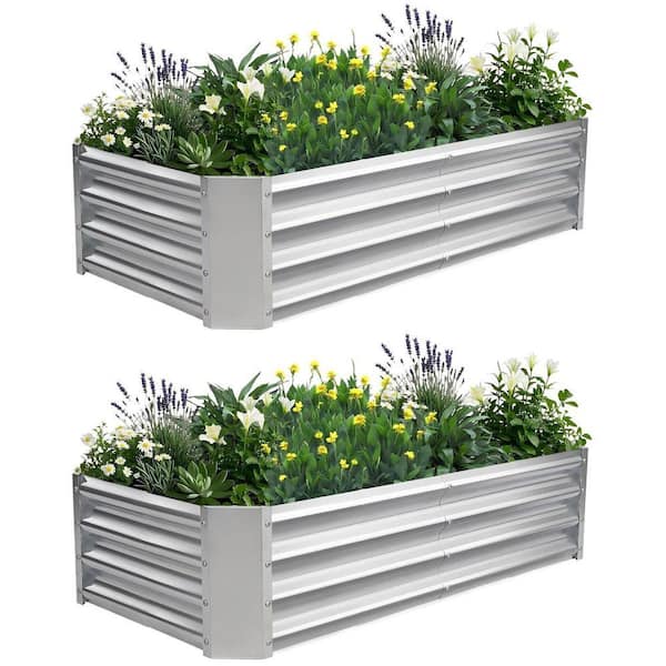 (2-Pack) 4 x 2 x 1 ft. Galvanized Steel Rectangle Raised Garden Bed Planter Box, Outdoor Silver Metal Garden Planter
