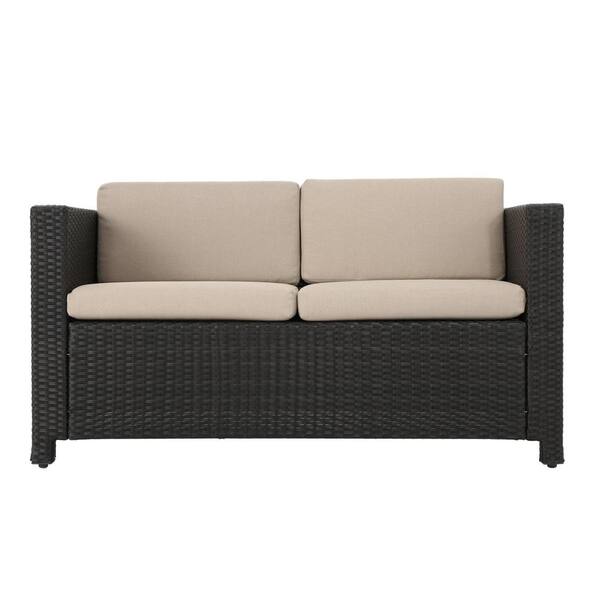 Noble House Puerta Dark Brown Wicker Outdoor Loveseat With Beige Cushions 41692 The Home Depot - Patio Furniture Wicker Loveseat