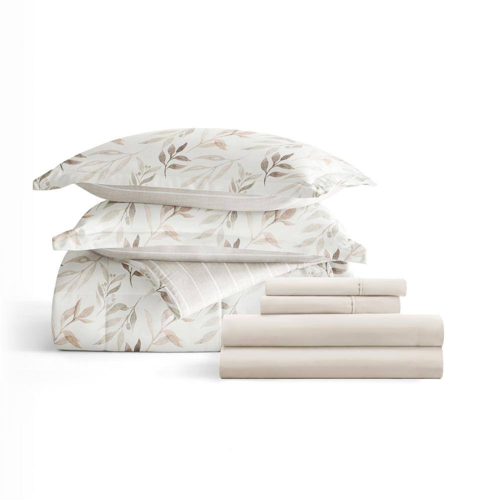 Ivory Floral Queen Microfiber Reversible Bedding Set