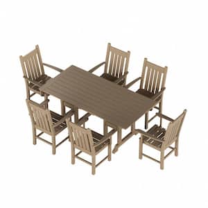 Hayes 7-Piece HDPE Plastic All Weather Outdoor Patio Trestle Table Dining Set with Armchairs in Weathered Wood