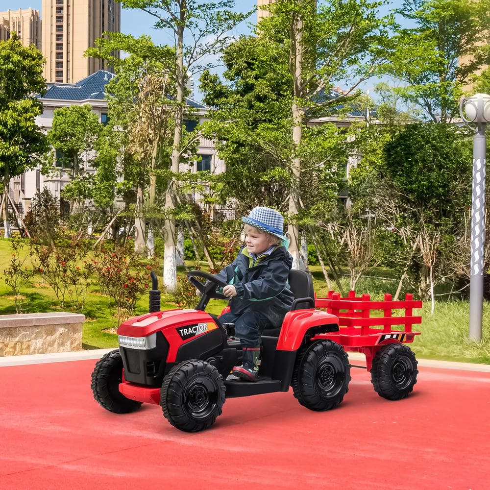 Red 12V Kids Ride-On Tractor with Trailer and LED Lights