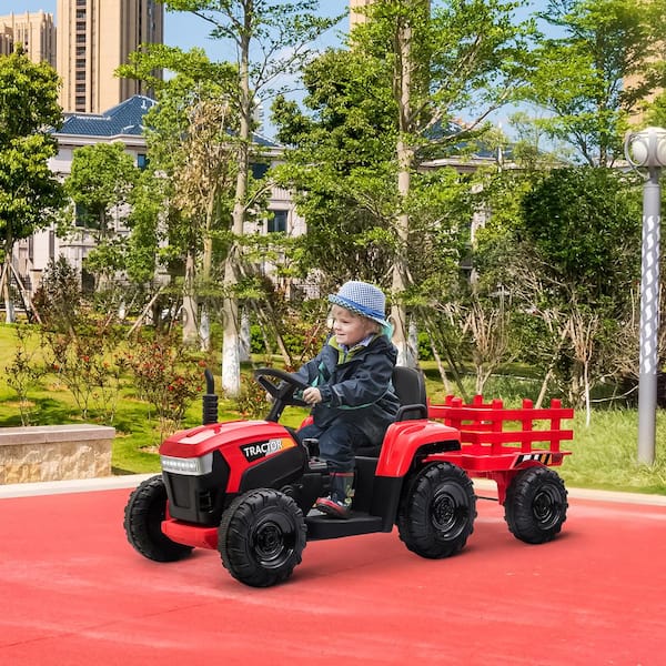 Red Electric Powered Child Riding Tractor with Detachable Trailer and Seat Belt