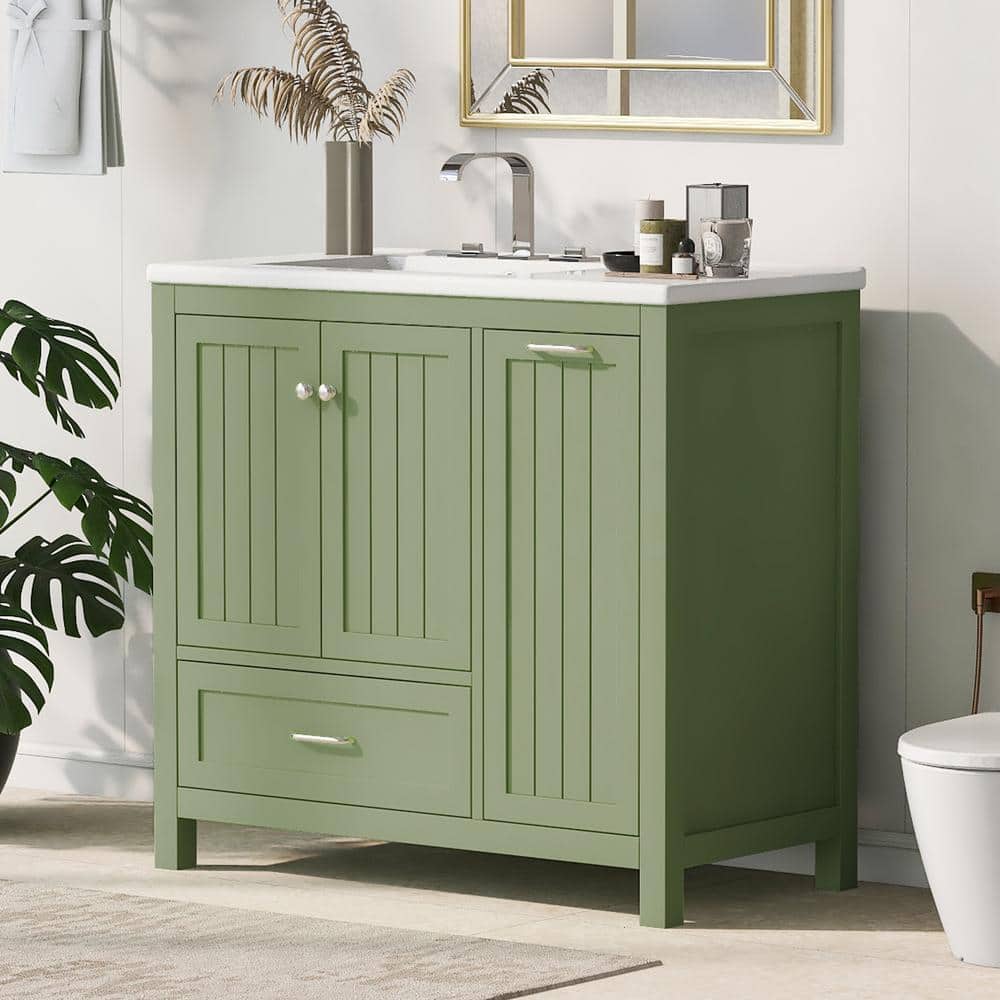 36 in. Green Bathroom Vanity with doors and One Big Drawer and One Flip Dra