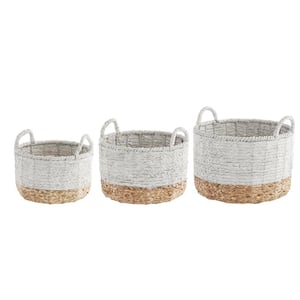 Round White and Natural Braided Decorative Baskets (Set of 3)