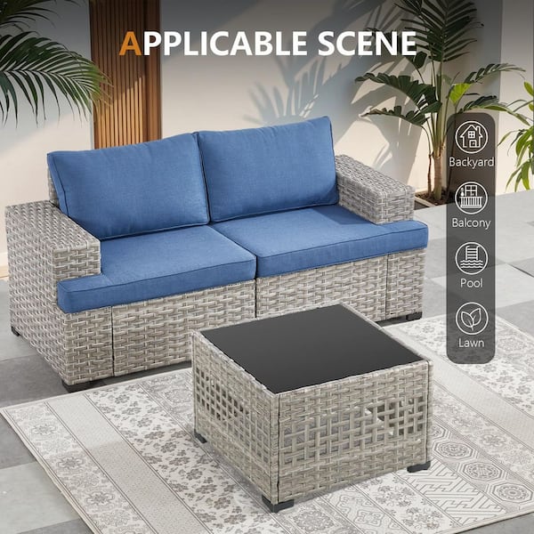ModuVine Taupe 6-Piece Wicker Outdoor Sectional Set Patio Coversation Sofa with Blue Cushions and Coffee Table