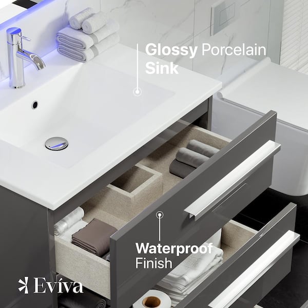 Eviva Deluxe 32 in. W x 18 in. D x 34 in. H Single Freestanding Bath Vanity in Gray with White Porcelain Integrated Sink Top Eviva Deluxe 32 in. W x 18 in. D x 34 in. H Single Freestanding Bath Vanity in Gray with White Porcelain Integrated Sink Top