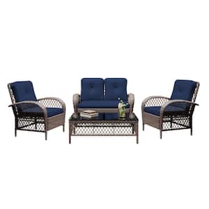 4--Piece Brown Wicker Patio Conversation Seating Set with Navy Blue Cushions and Coffee Table