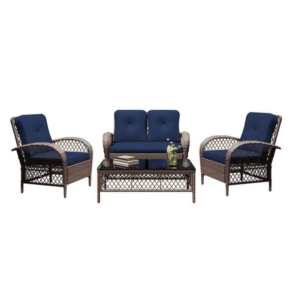 PATIOGUARDER 4--Piece Brown Wicker Patio Conversation Seating Set with Navy Blue Cushions and Coffee Table