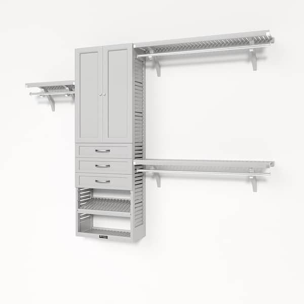 72 in. W - 120 in. W White Reach in with 3 Shaker Style Drawers and Wood Door 12 in. Shelf Wood Closet System