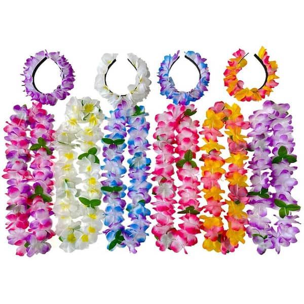 2 in Hawaiian Silk Flower Leis and Headbands Colorful Tropical