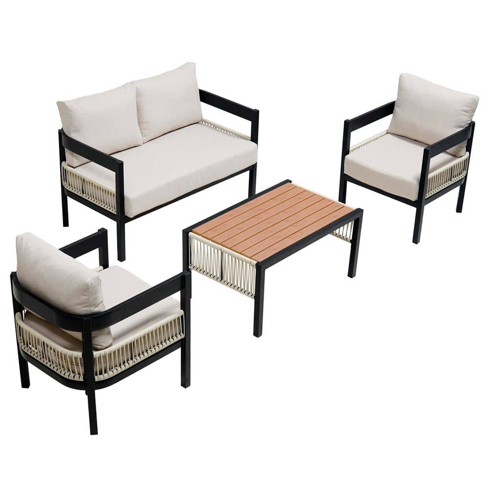 4-Piece Metal Patio Conversation Set with Beige Cushions and Table