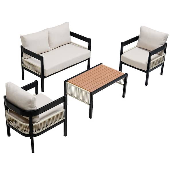 Unbranded 4-Piece Metal Patio Conversation Set with Beige Cushions and Table